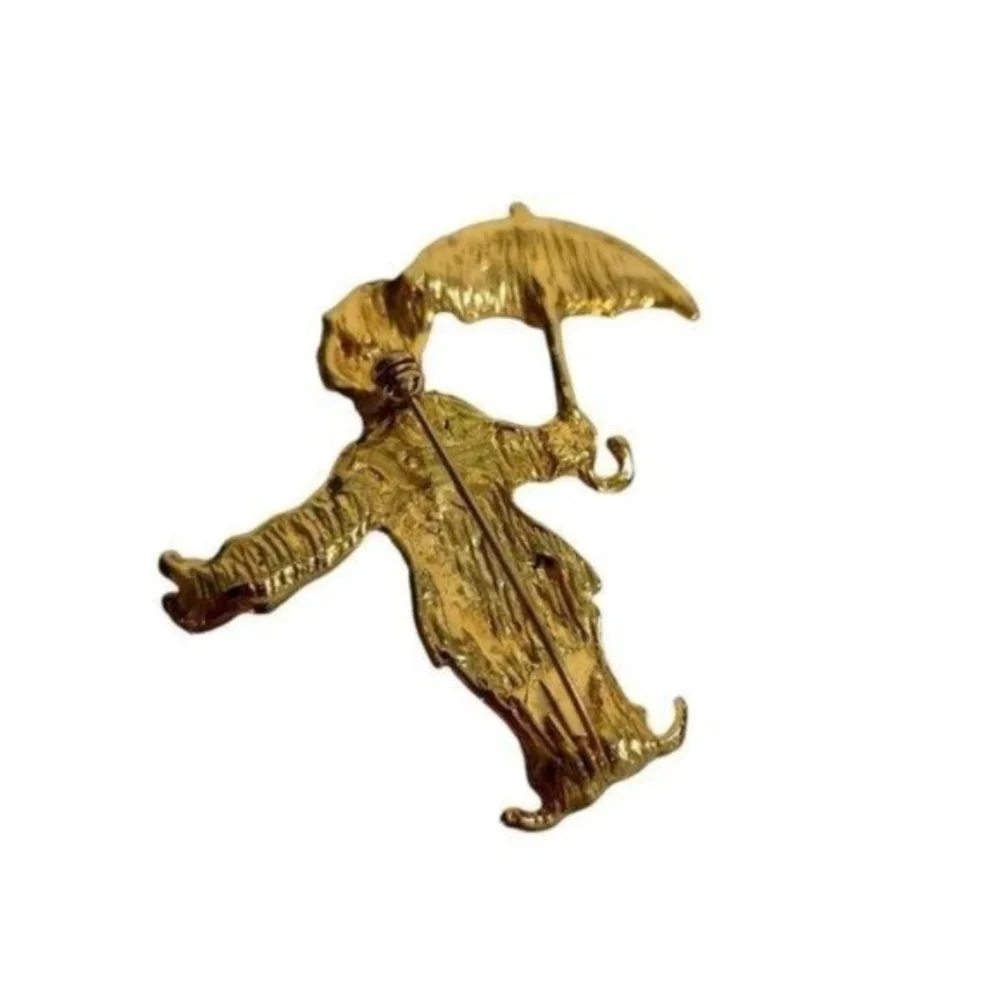 Vintage Clown with Umbrella Enameled Brooch 1950's‎ Gold Tone Colorful Purple